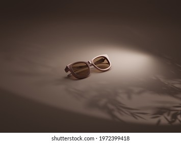 3D illustration of sunglasses on pastel golden brown background and golden brown glass. with shadows of leafs. Summer concept.