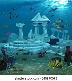 3d Illustration Of The Sunken Ruins Of The Ancient Atlantis Civilization.