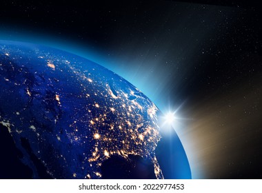 3d Illustration Of The Sunrise Over Planet Earth, North America City Lights Visible. Digital Communication Concept. Some Elements Of The Image Furnished By NASA.