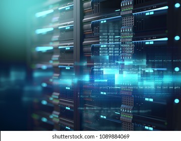 3D Illustration Of Super Computer Server Racks In Datacenter,concept Of Big Data Storage And  Mining Cryptocurrency.