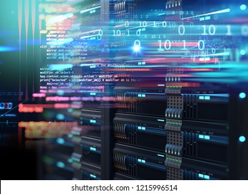  3D-Illustration von Super-Computer-Server-Racks im Rechenzentrum, Konzept der Big Data Storage und  die Kryptowährung abbauen.