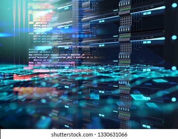 
 3D Illustration Of Super Computer Server Racks In Datacenter,concept Of Big Data Storage And  
Mining Cryptocurrency.

