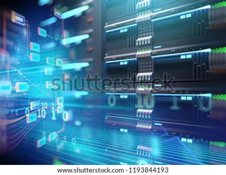 3D illustration of super computer server racks in datacenter,concept of big data storage and  cloud computing technology.