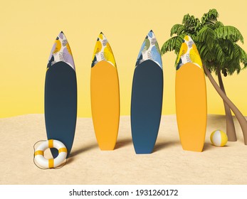 3d illustration. Surfboards on sand with palms. Summer vacation concept. - Powered by Shutterstock