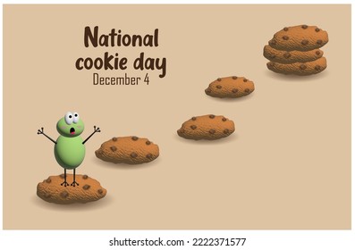 3d illustration of a surprised frog jumping from cookie to cookie to pile of chocolate chips at the end of the cookie path - Powered by Shutterstock