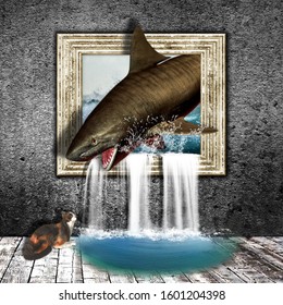 3D Illustration Of Surrealism Showing A Shark Coming Out Of A Picture Frame To Eat A Cat