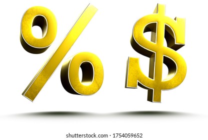 3D Illustration Symbol Percent And Dollar Sign Gold Isolated On A White Background.(with Clipping Path)