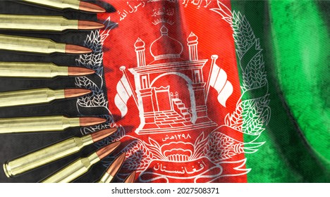 3D Illustration, Symbolic Image On The Topic Of Afghanistan At War. Cartridges Lie On Afghanistan Flag.