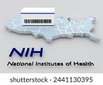 3D illustration of a symbolic pill box on an embossment of the United States of America, titled as NIH - National Institutes of Health.