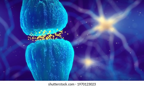 3d illustration of Synaptic transmission - one nerve cell (neuron) communicating with another by releasing neurotransmitters. The synapse(neuronal junction) is the gap between two neurons.
