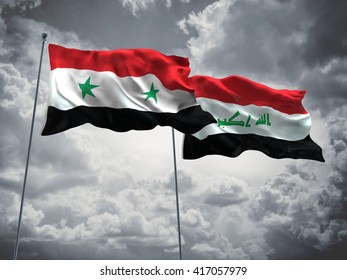 3D illustration of Syria & Iraq Flags are waving in the sky with dark clouds 