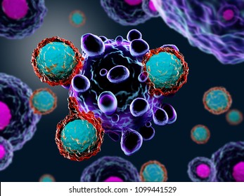 3d Illustration Of T Cells Attacking Cancer Cells