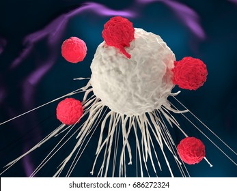 3D Illustration Of T Cells Attacking A Cancer Cell (CAR-T Cell Therapy)