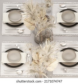 3D illustration Table setting for 4 persons with a bouquet of dried flowers - Powered by Shutterstock - Get 15% off with code: PIKWIZARD15