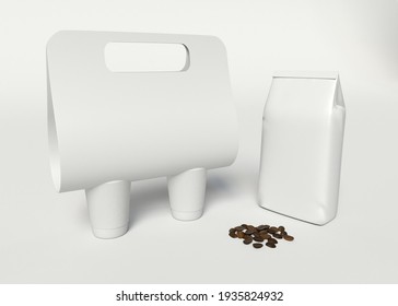 3D Illustration. Take Away Coffee Cups And Paper Bag Mockup. Realistic Packaging. Take Away Concept.