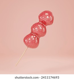 Ilustración en 3D de Tanghulu o fresa recubierta de azúcar sobre brochetas de madera aisladas sobre fondo rosa