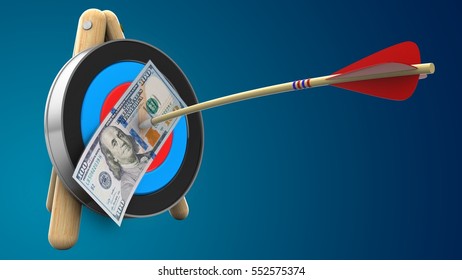 3d illustration of target stand with arrow and 100 dollars over blue background - Shutterstock ID 552575374