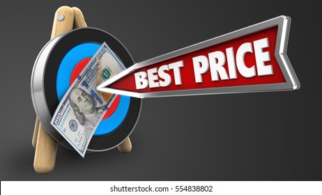 3d illustration of target stand with best price arrow and 100 dollars over gray background
