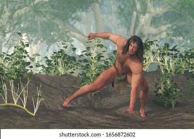 3D Illustration Of Tarzan Figure Crouching In The Jungle