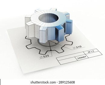 3d Illustration Of Technical Drawing Blueprint And Metal Gear Isolated On White Background