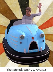 3d Illustration Of A Teen Boy Riding In A Blue Bumper Car Against A Retro Carnival Backdrop