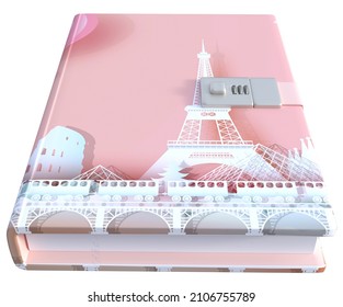 3d Illustration Of A Teen Journal Or Diary With A Lock And Illustration Of The Eiffel Tower In Pink