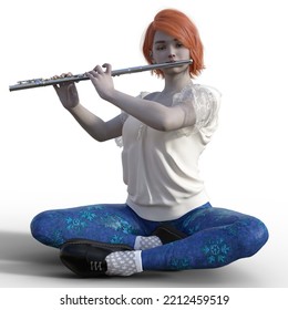 3d Illustration Of A Teen Sitting Cross Legged Pose And Playing The Flute