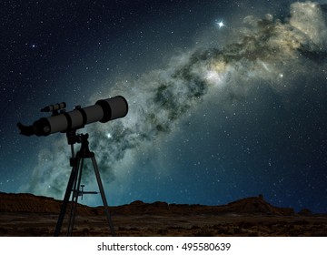 3d illustration of a telescope pointing to the bright Milky Way