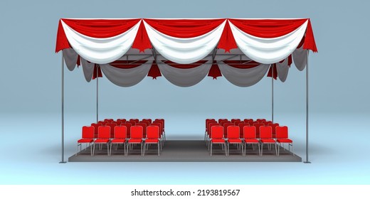 3d Illustration Tent Canopy Plafond Red White Curtain With Stage Level Sitting Chair Audience For Outdoor Event. Image Background Isolated.