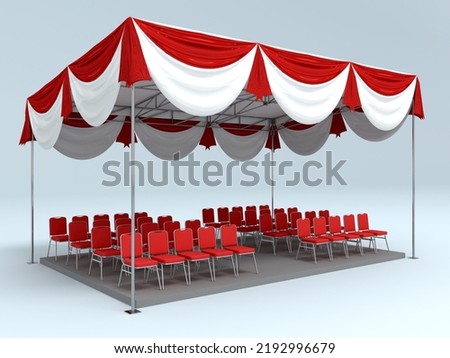 3d illustration tent canopy plafond red white curtain with stage level sitting chair audience for outdoor event. Image background isolated. Imagine de stoc © 