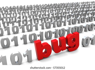 3d illustration of text 'bug' in binary code, over white background