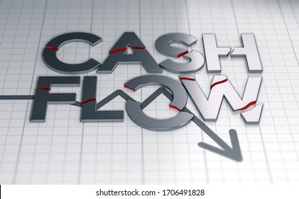 3D Illustration Of The Text Cash Flow Over A Crisis Chart. The Words Are Broken.