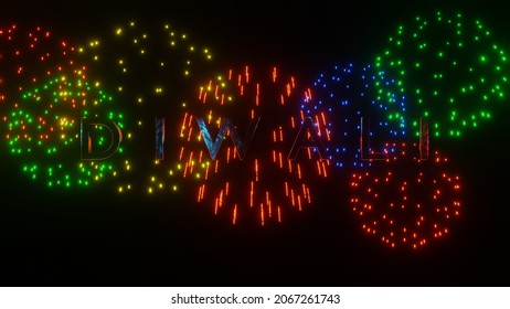 3D Illustration Of The Text DIWALI  Motion Graphic With Colorful Fireworks In The Background.