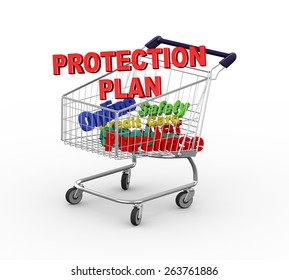 3d Illustration Of Text Protection Plan In Shopping Cart Trolley