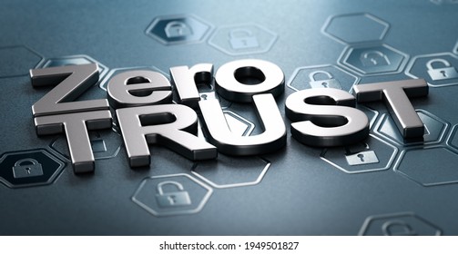 3D Illustration Of The Text Zero Trust Over Black Background With Padlock Shapes In Relief. Concept Of Network Security.