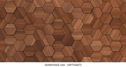 3D illustration Texture, background, three-dimensional, realistic wooden polygons with a shadow, with the texture of natural wood, located at different heights. Render.3d texture of a wall, hexagonal