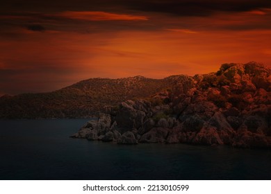 3D Illustration Texture Of Misty Night Surface. Scary Ripple Reflect Water. Heavy Sea Seashore Depth For Mystical Background. Dark Smooth Mystery Tide Of Seaside. Deep Black Blue Vintage Danger Beach