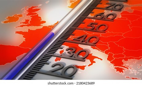 3D Illustration, Thermometer On Temperature Map Of Europe