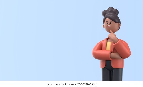 3D illustration of  a thinking african american woman Coco pondering making decision. Portraits of cartoon characters solving problems, feeling concerned puzzled lost in thoughts. 