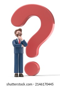 3D illustration of a thinking businessman Bob  with big question mark in speech bubble. Portraits of cartoon characters solving problems, feeling doubt or hesitation. 