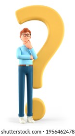 3D illustration of thinking man standing with a huge question mark. Cartoon pensive businessman solving problems, feeling concerned puzzled lost in thoughts. Searching and finding a solution concept.