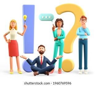 3D Illustration Of Thinking People With Huge Exclamation And Question Marks In Support Center. Multicultural Women And Men Asking Questions And Receiving Answers. Frequently Asked Questions Concept.