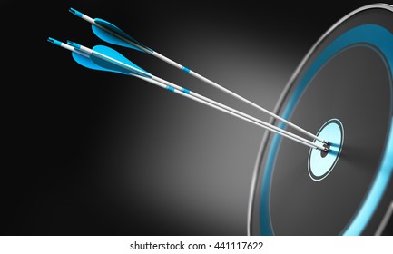 3D illustration of three arrows hitting the center of a modern target with depth of field effect. Conceptual image over black background with room for text. Concept of competitive excellence.
