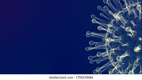3D-Abbildung, dreidimensionales Modell von Coronavirus Covid-19 auf blauem Hintergrund. Banner für pandemische Koronavirus-Informationskommunikation. 3D-Modell auf der rechten Seite des Banners. 
