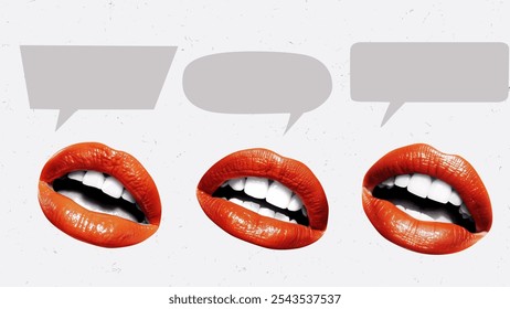 3D illustration of three lips with speech bubbles on colorful background. Abstract pop art collage. Communication and conversation concept. Halftone pattern mouth discussing and talking. Budgetary. - Powered by Shutterstock