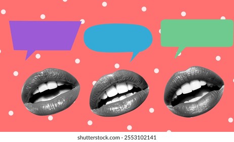 3D illustration of three lips with speech bubbles on colorful background. Abstract pop art collage. Communication and conversation concept. Halftone pattern mouth discussing and talking. Budgetary. - Powered by Shutterstock