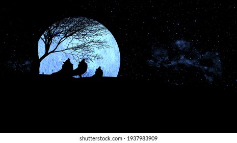 3D Illustration Of Three Wolf Howling During Full Moon Night, A Howl Can Communicate Things Like A Wolf’s Location, Warnings About Predators, And The Position Of Prey.