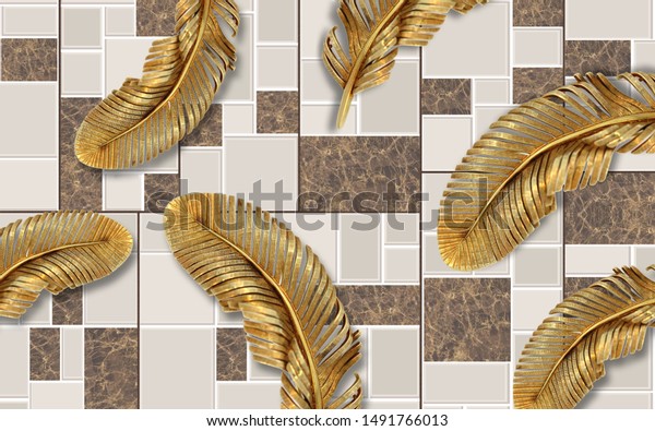 3d illustration, tiled background, large gold feathers