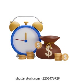 3D Illustration Time Clock Money Bag Coin