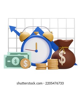 3D Illustration Time Clock Money Bag Coin